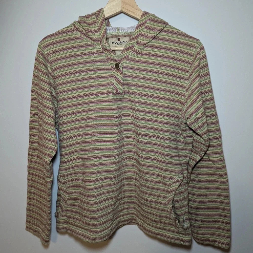 Women's Woolrich Striped 100% Cotton Hoodie Shirt Size Small Long Sleeve Green